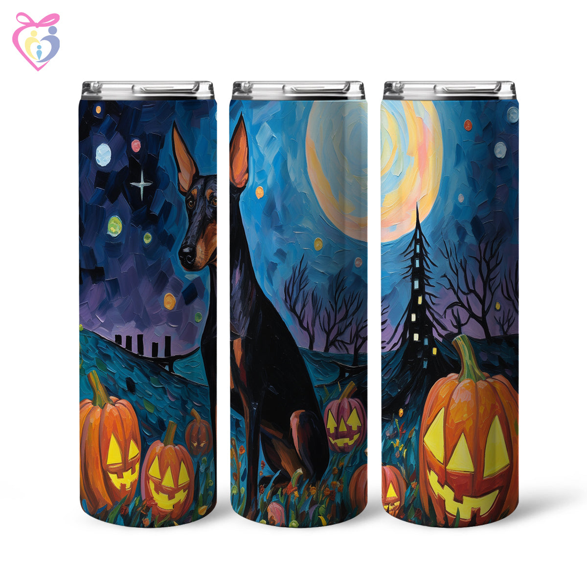 Doberman Pinschers Halloween With Pumpkin 20oz Skinny Tumbler, Holiday Skinny Tumbler, For Dog Lovers, Vibrant Tumbler, Trending Tumbler