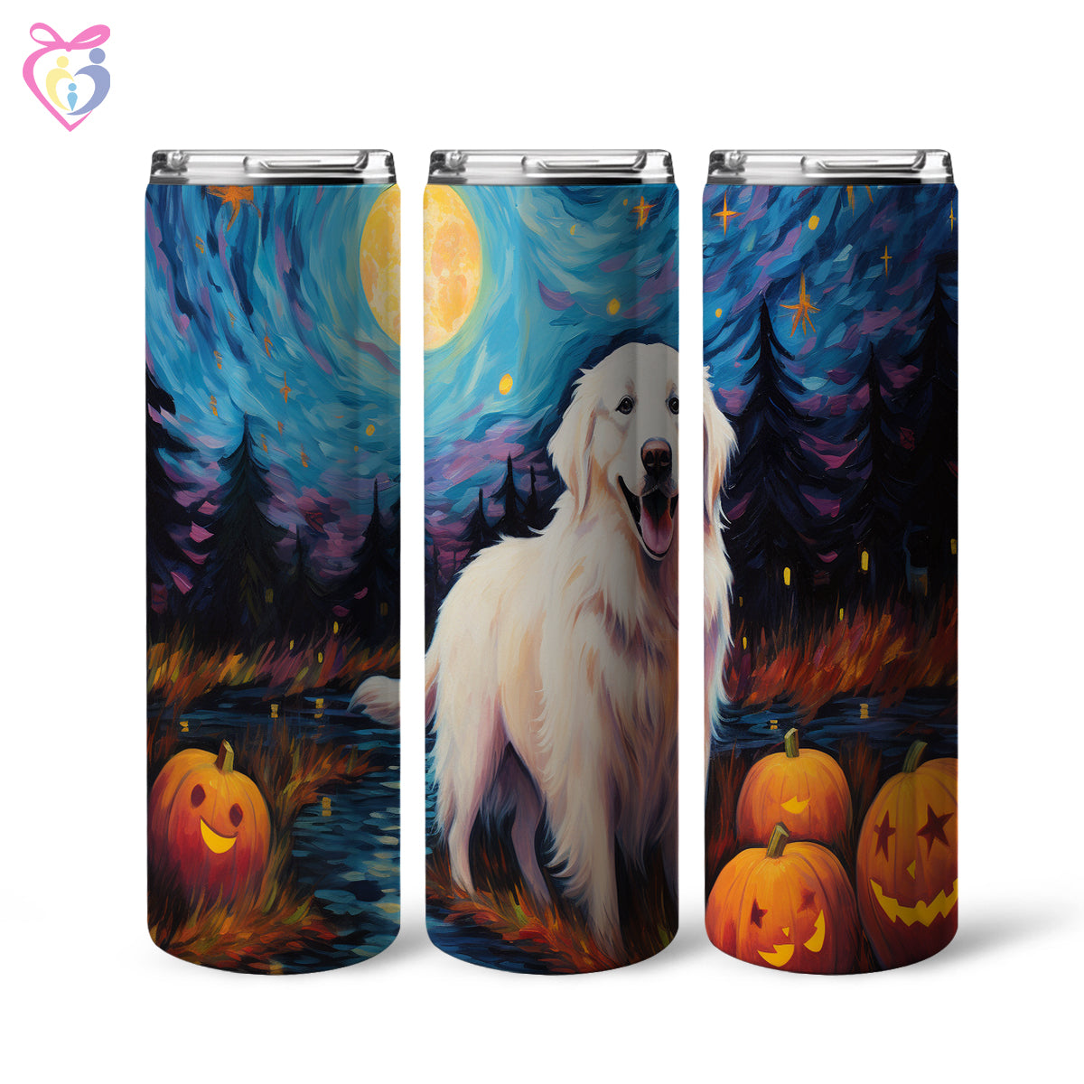 Great Pyrenees Halloween With Pumpkin 20oz Skinny Tumbler, Holiday Skinny Tumbler, For Dog Lovers, Vibrant Tumbler, Trending Tumbler