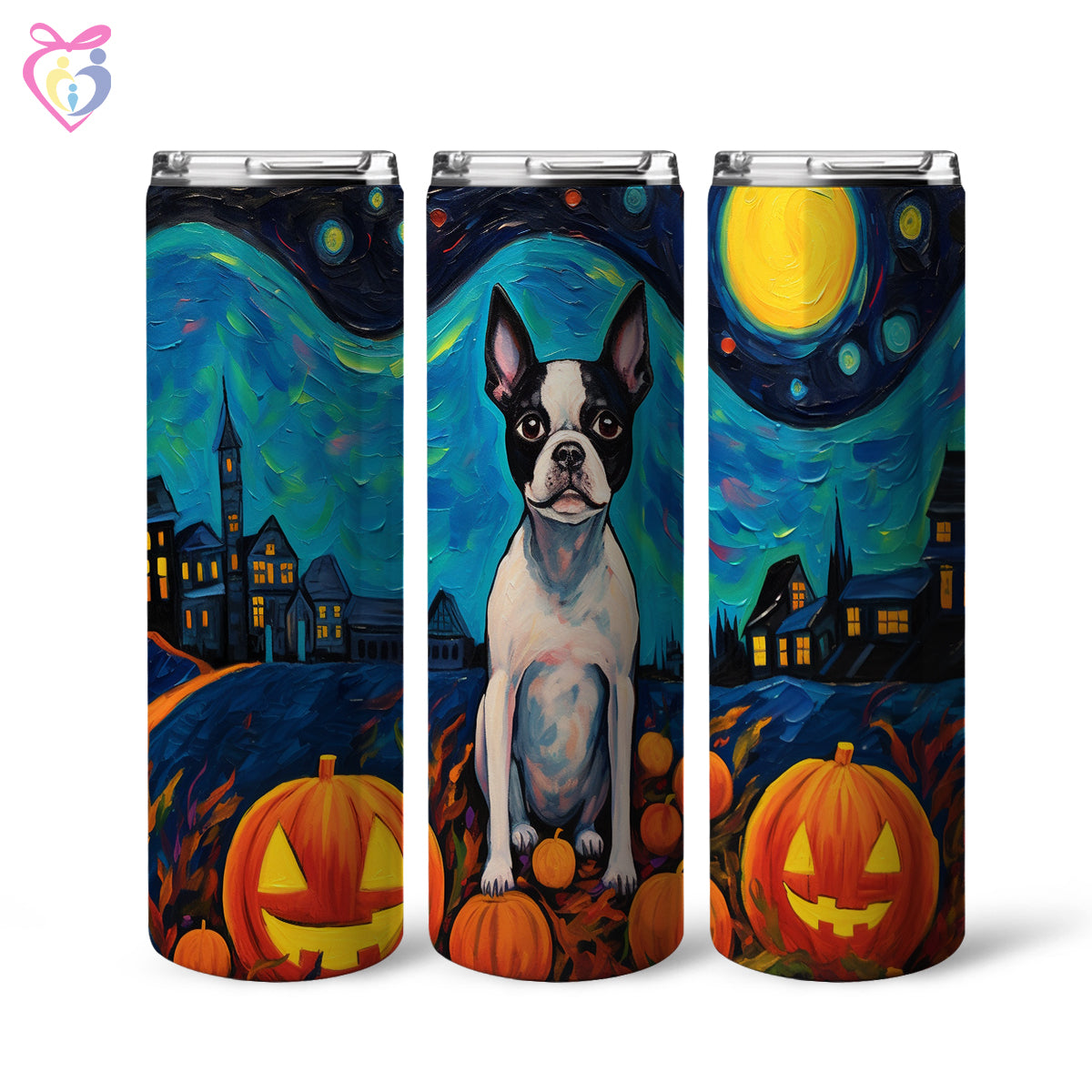 Boston Terriers Halloween With Pumpkin 20oz Skinny Tumbler, Holiday Skinny Tumbler, Alcohol Tumbler, Vibrant Tumbler, Trending Tumbler