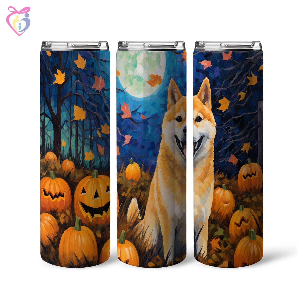 Shiba Inu Halloween With Pumpkin 20oz Skinny Tumbler, Holiday Skinny Tumbler, For Dog Lovers, Vibrant Tumbler, Trending Tumbler