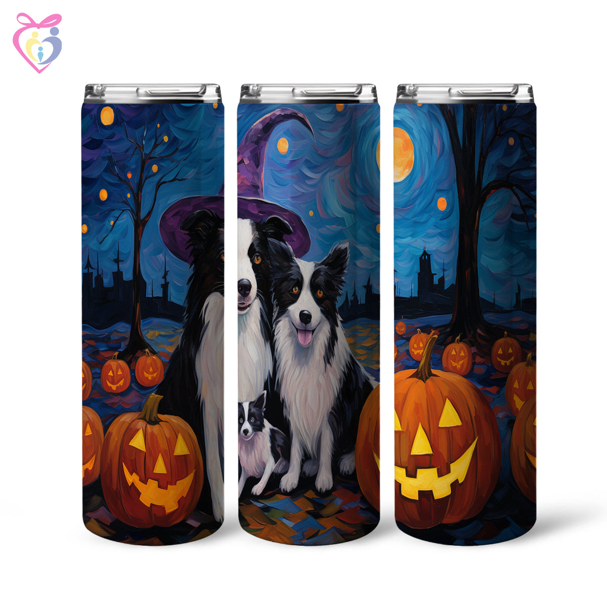 Border Collies Halloween With Pumpkin 20oz Skinny Tumbler, Holiday Skinny Tumbler, For Dog Lovers, Vibrant Tumbler, Trending Tumbler