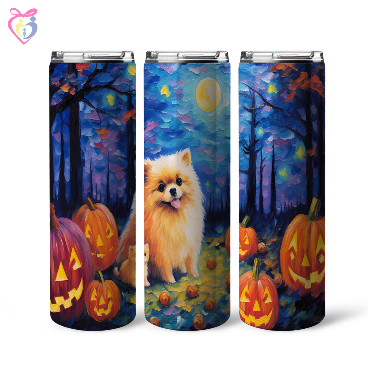 Pomeranians Halloween With Pumpkin 20oz Skinny Tumbler, Holiday Skinny Tumbler, For Dog Lovers, Vibrant Tumbler, Trending Tumbler