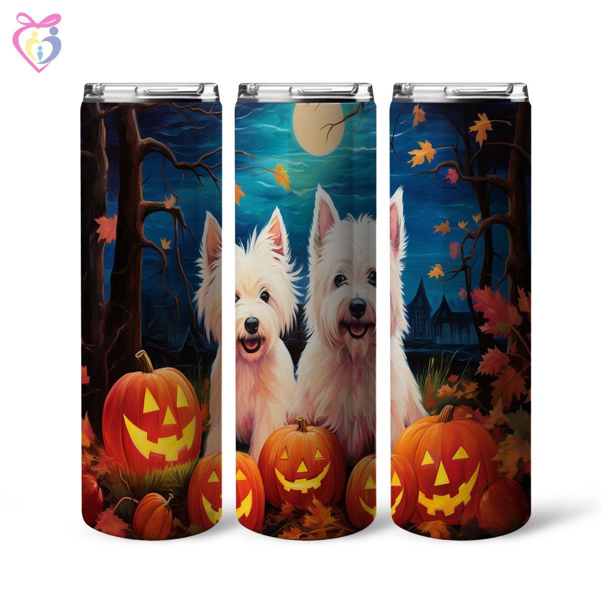 West Highland White Terriers Halloween With Pumpkin 20oz Skinny Tumbler, Holiday Skinny Tumbler, For Dog Lovers, Vibrant Tumbler, Trending Tumbler