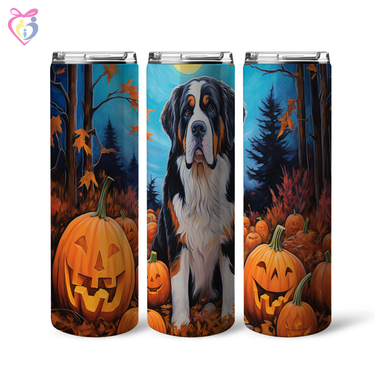 St. Bernards Halloween With Pumpkin 20oz Skinny Tumbler, Holiday Skinny Tumbler, For Dog Lovers, Vibrant Tumbler, Trending Tumbler