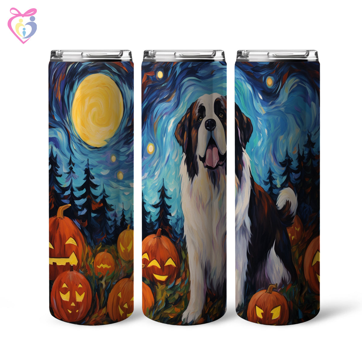 St. Bernards Halloween With Pumpkin 20oz Skinny Tumbler, Holiday Skinny Tumbler, For Dog Lovers, Vibrant Tumbler, Trending Tumbler