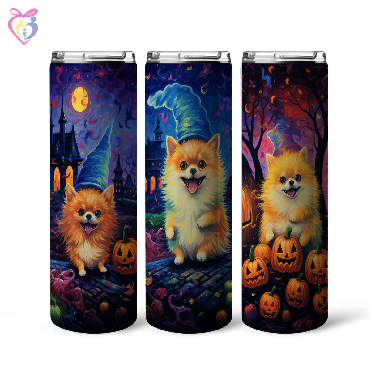 Pomeranians Halloween With Pumpkin 20oz Skinny Tumbler, Holiday Skinny Tumbler, For Dog Lovers, Vibrant Tumbler, Trending Tumbler