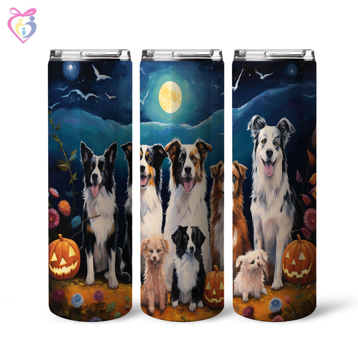 Miniature American Shepherds Halloween With Pumpkin 20oz Skinny Tumbler, Holiday Skinny Tumbler, For Dog Lovers, Vibrant Tumbler, Trending Tumbler