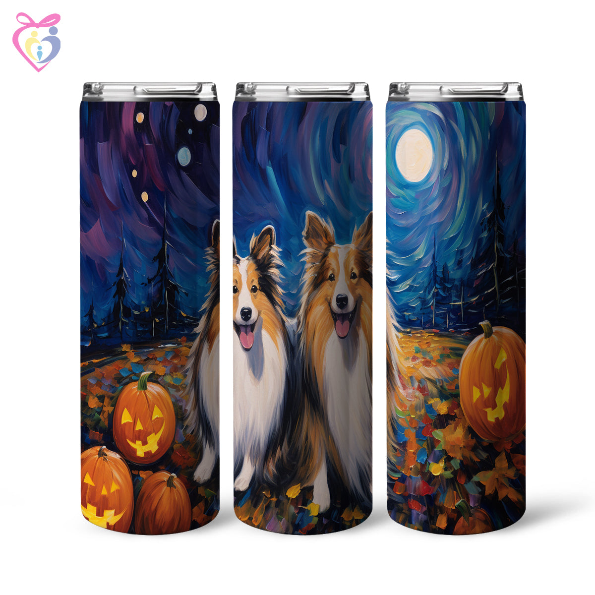 Shetland Sheepdogs Halloween With Pumpkin 20oz Skinny Tumbler, Holiday Skinny Tumbler, For Dog Lovers, Vibrant Tumbler, Trending Tumbler