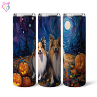 Thumbnail for Shetland Sheepdogs Halloween With Pumpkin 20oz Skinny Tumbler, Holiday Skinny Tumbler, For Dog Lovers, Vibrant Tumbler, Trending Tumbler