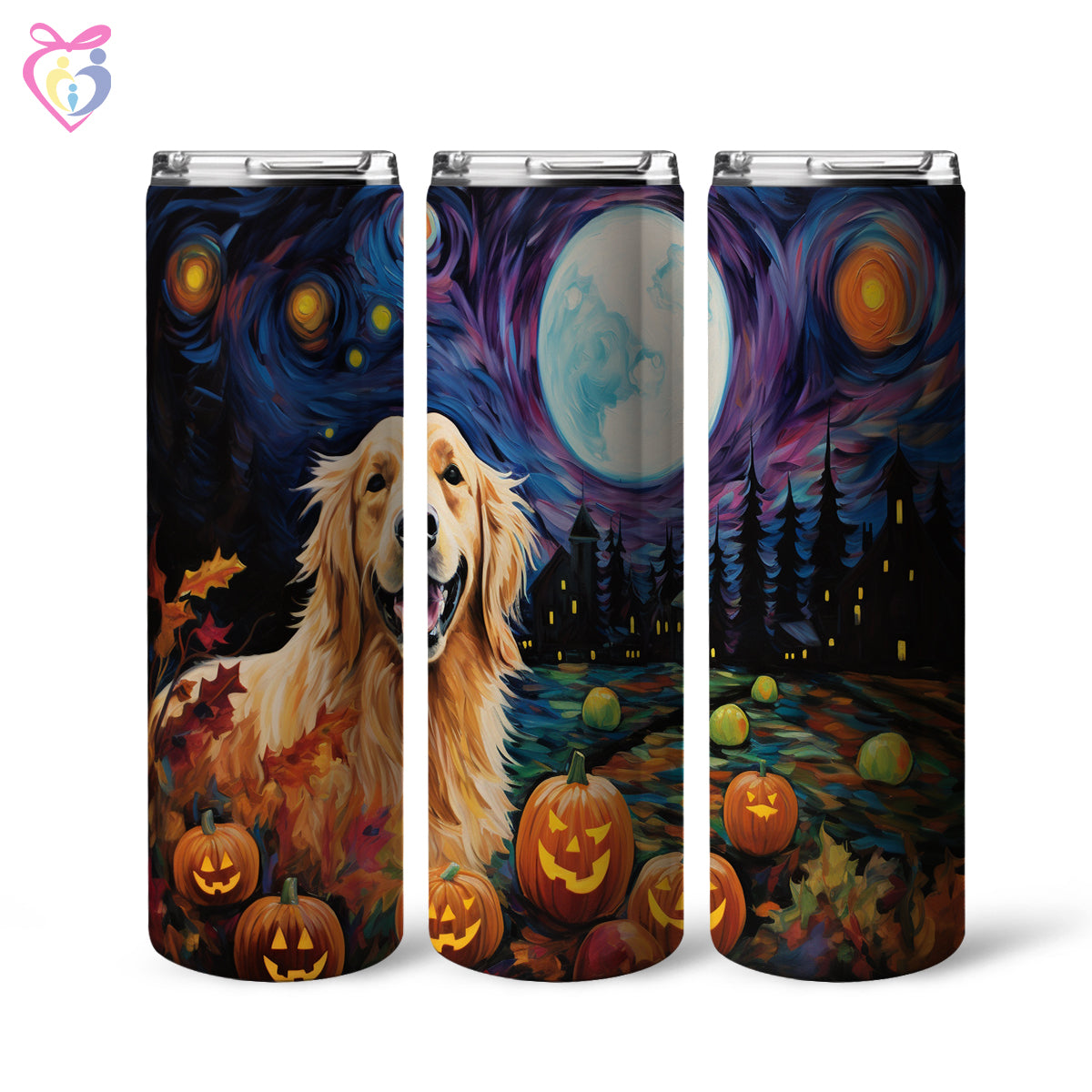 Golden Retrievers Halloween With Pumpkin 20oz Skinny Tumbler, Holiday Skinny Tumbler, For Dog Lovers, Vibrant Tumbler, Trending Tumbler