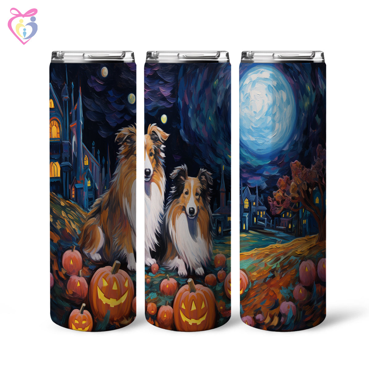 Shetland Sheepdogs Halloween With Pumpkin 20oz Skinny Tumbler, Holiday Skinny Tumbler, For Dog Lovers, Vibrant Tumbler, Trending Tumbler