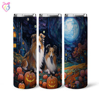 Thumbnail for Shetland Sheepdogs Halloween With Pumpkin 20oz Skinny Tumbler, Holiday Skinny Tumbler, For Dog Lovers, Vibrant Tumbler, Trending Tumbler