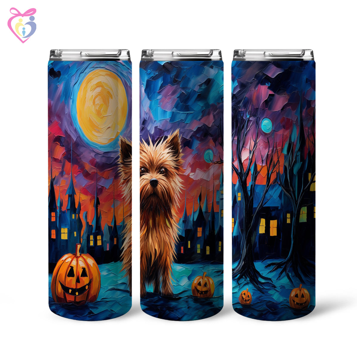 Yorkshire Terriers Halloween With Pumpkin 20oz Skinny Tumbler, Holiday Skinny Tumbler, For Dog Lovers, Vibrant Tumbler, Trending Tumbler