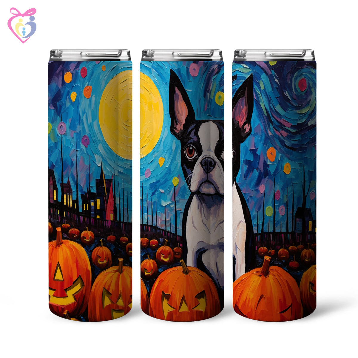 Boston Terriers Halloween With Pumpkin 20oz Skinny Tumbler, Holiday Skinny Tumbler, Alcohol Tumbler, Vibrant Tumbler, Trending Tumbler