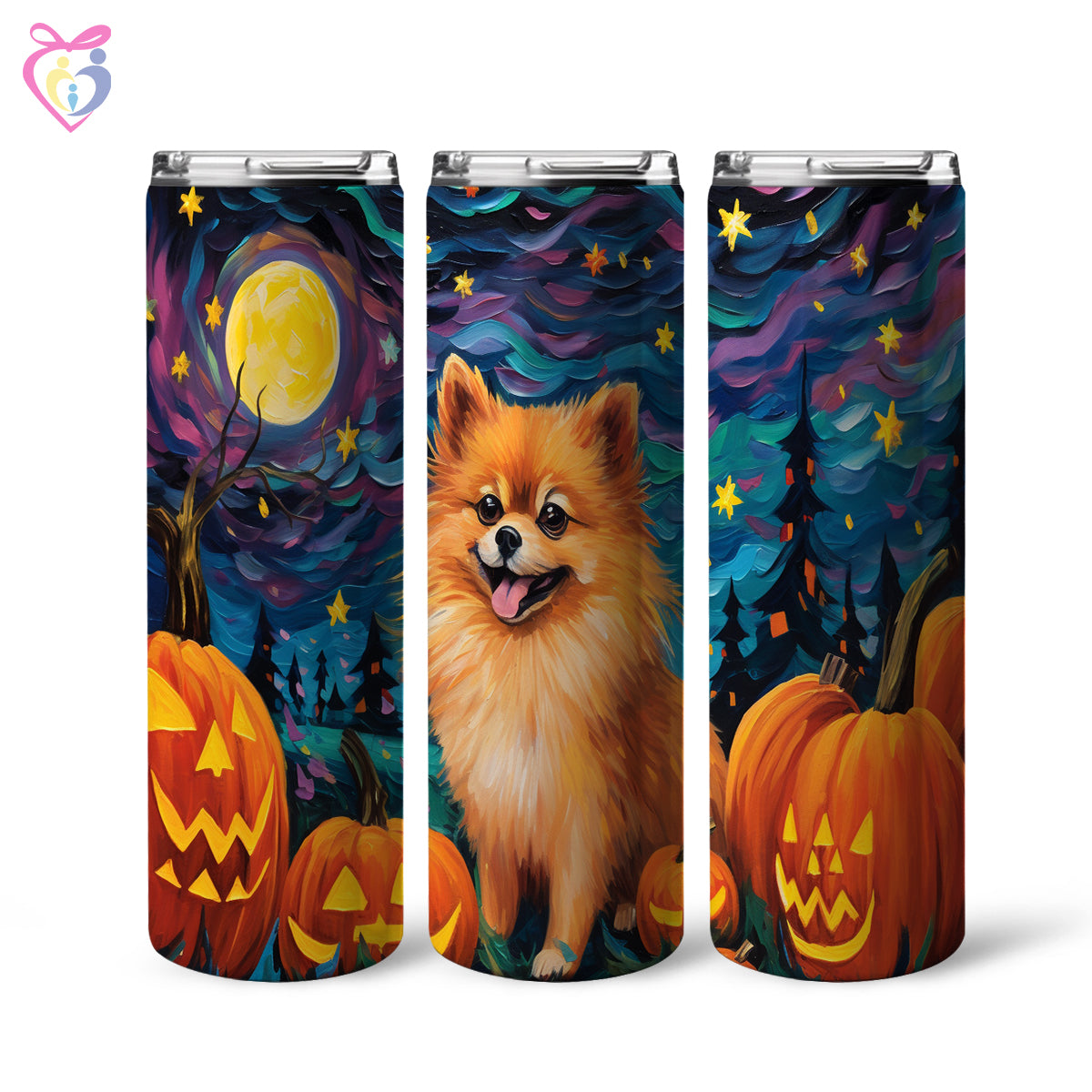 Pomeranians Halloween With Pumpkin 20oz Skinny Tumbler, Holiday Skinny Tumbler, For Dog Lovers, Vibrant Tumbler, Trending Tumbler