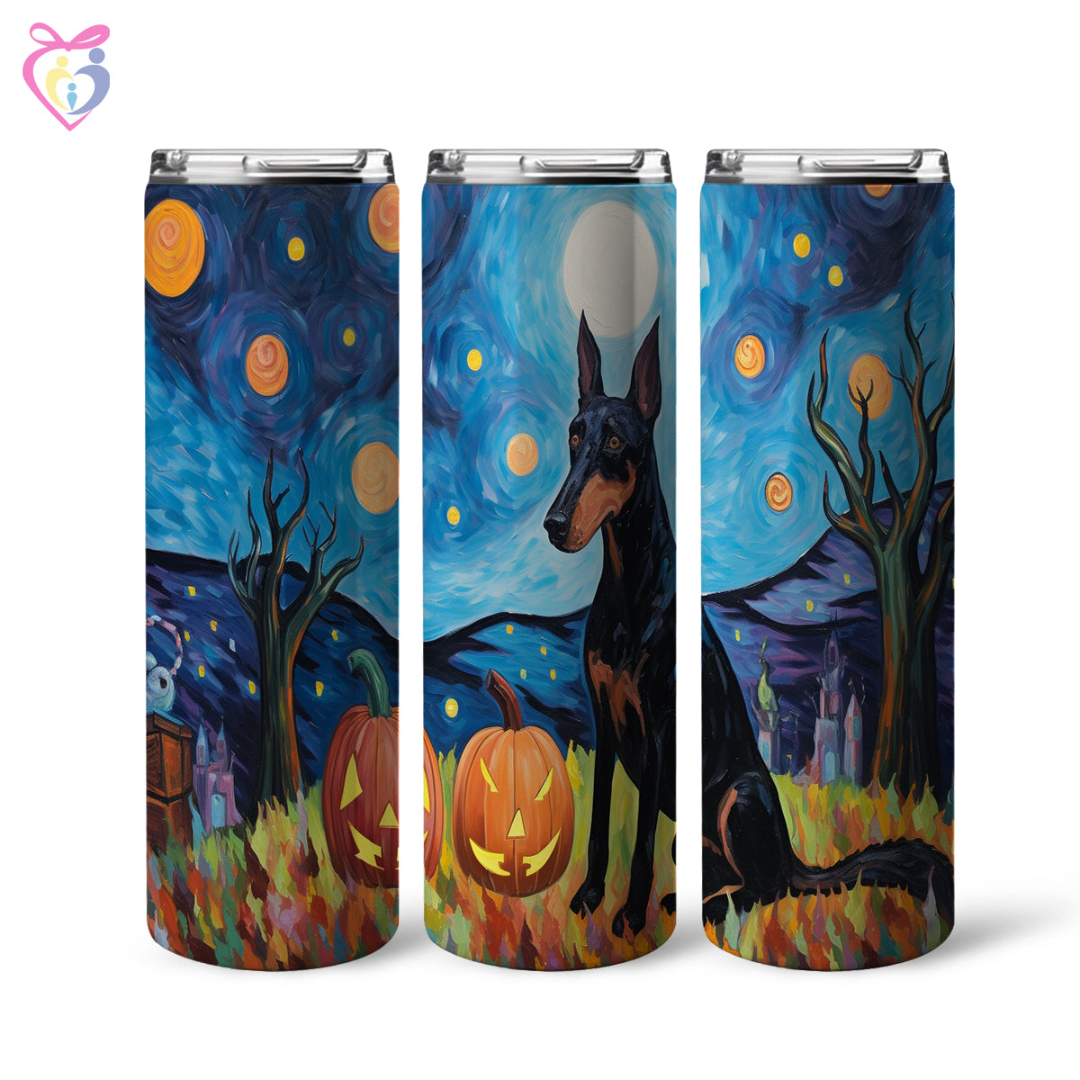 Doberman Pinschers Halloween With Pumpkin 20oz Skinny Tumbler, Holiday Skinny Tumbler, For Dog Lovers, Vibrant Tumbler, Trending Tumbler