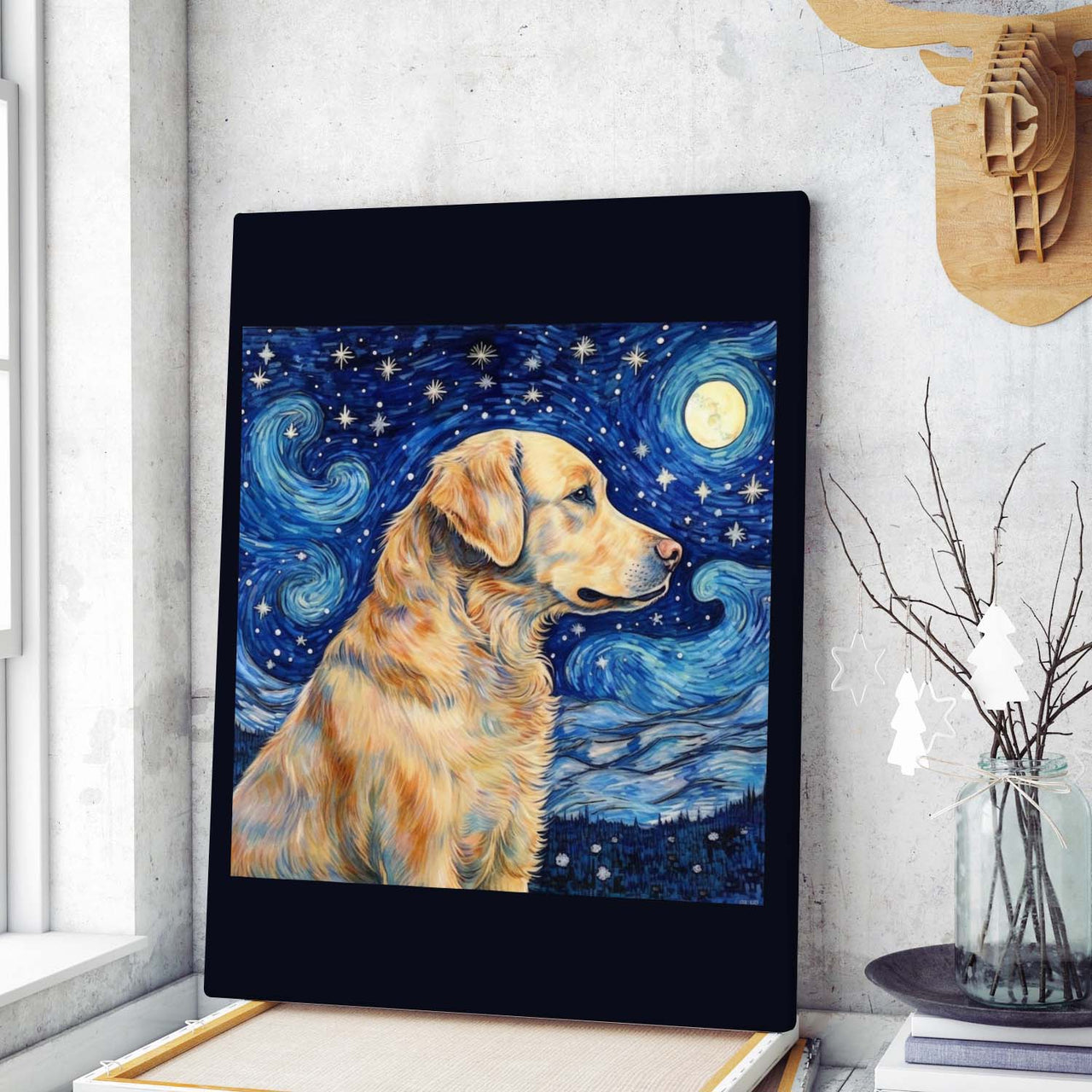 Drawings Golden Retriever Dog 02 Van Goh Style Vintage Framed Canvas Prints Wall Art Hanging Home Decor