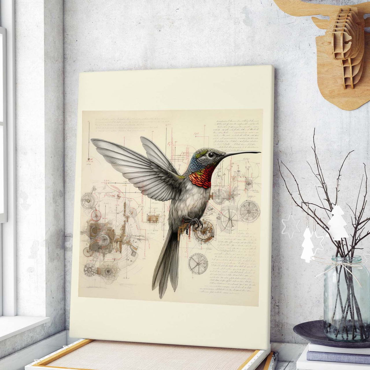 Drawings Hummingbirds 02 Da Vinci Style Vintage Framed Canvas Prints Wall Art Hanging Home Decor