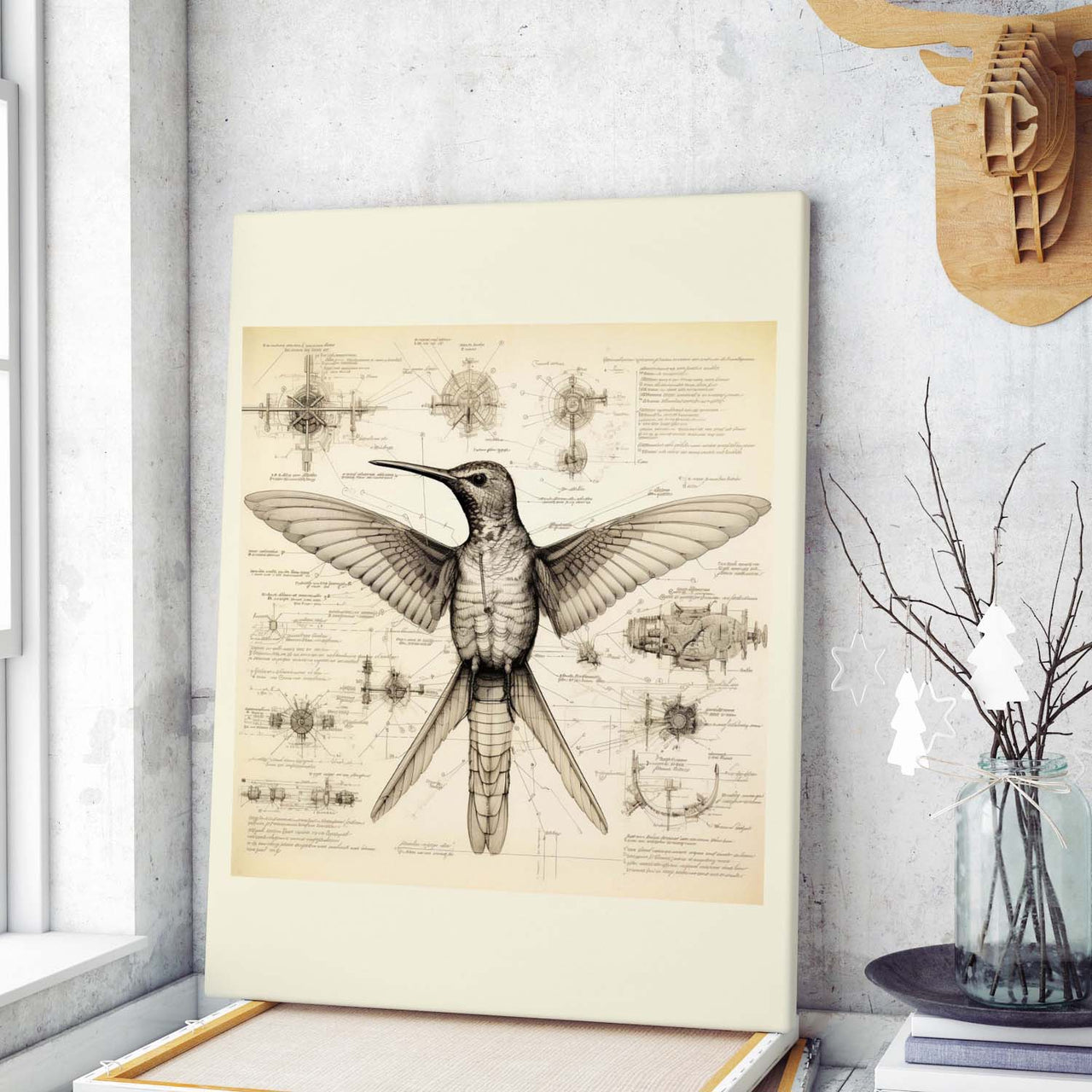 Drawings Hummingbirds 05 Da Vinci Style Vintage Framed Canvas Prints Wall Art Hanging Home Decor