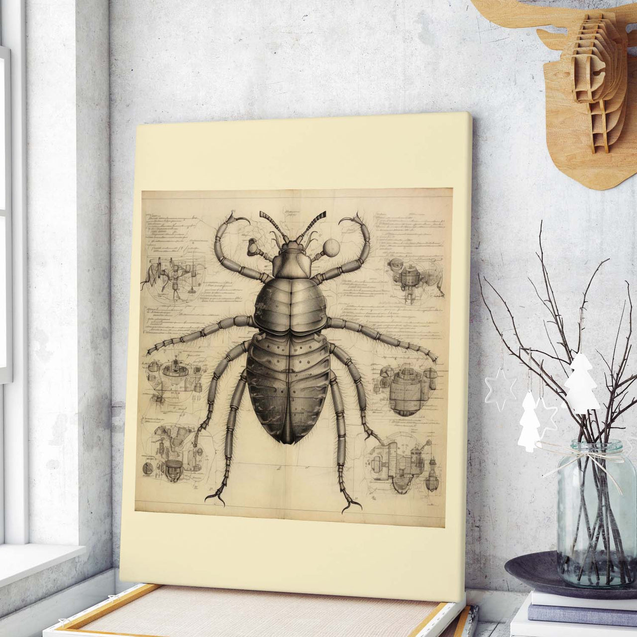 Drawings Beetle 03 Da Vinci Style Vintage Framed Canvas Prints Wall Art Hanging Home Decor