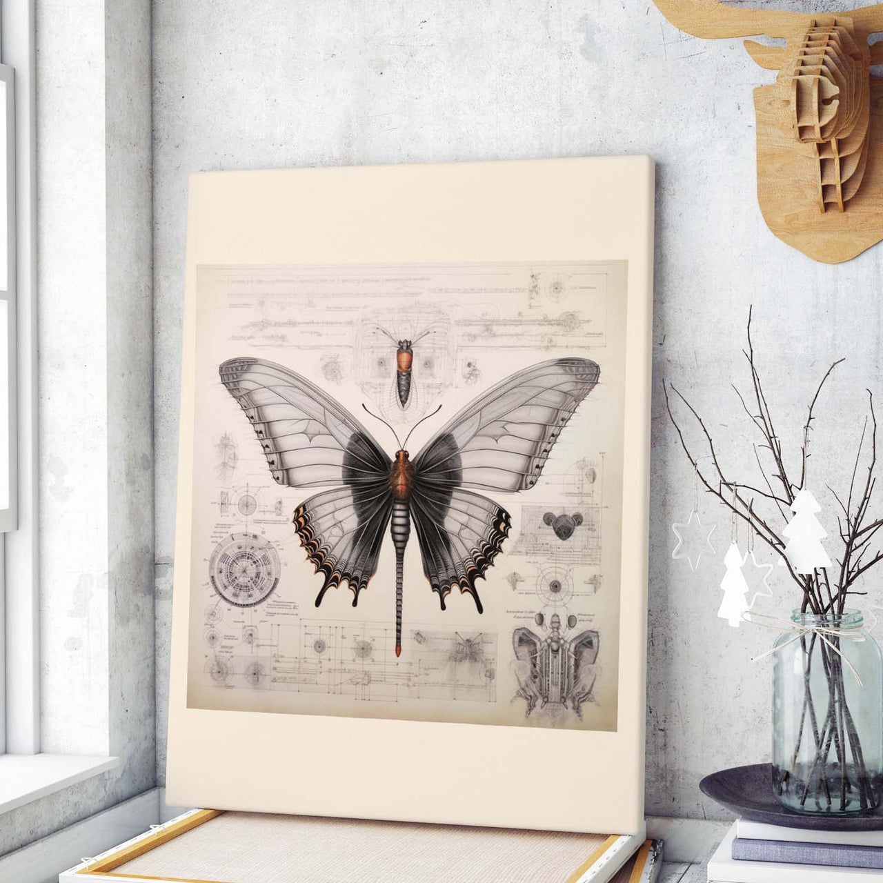 Drawings Butterfly 03 Da Vinci Style Vintage Framed Canvas Prints Wall Art Hanging Home Decor