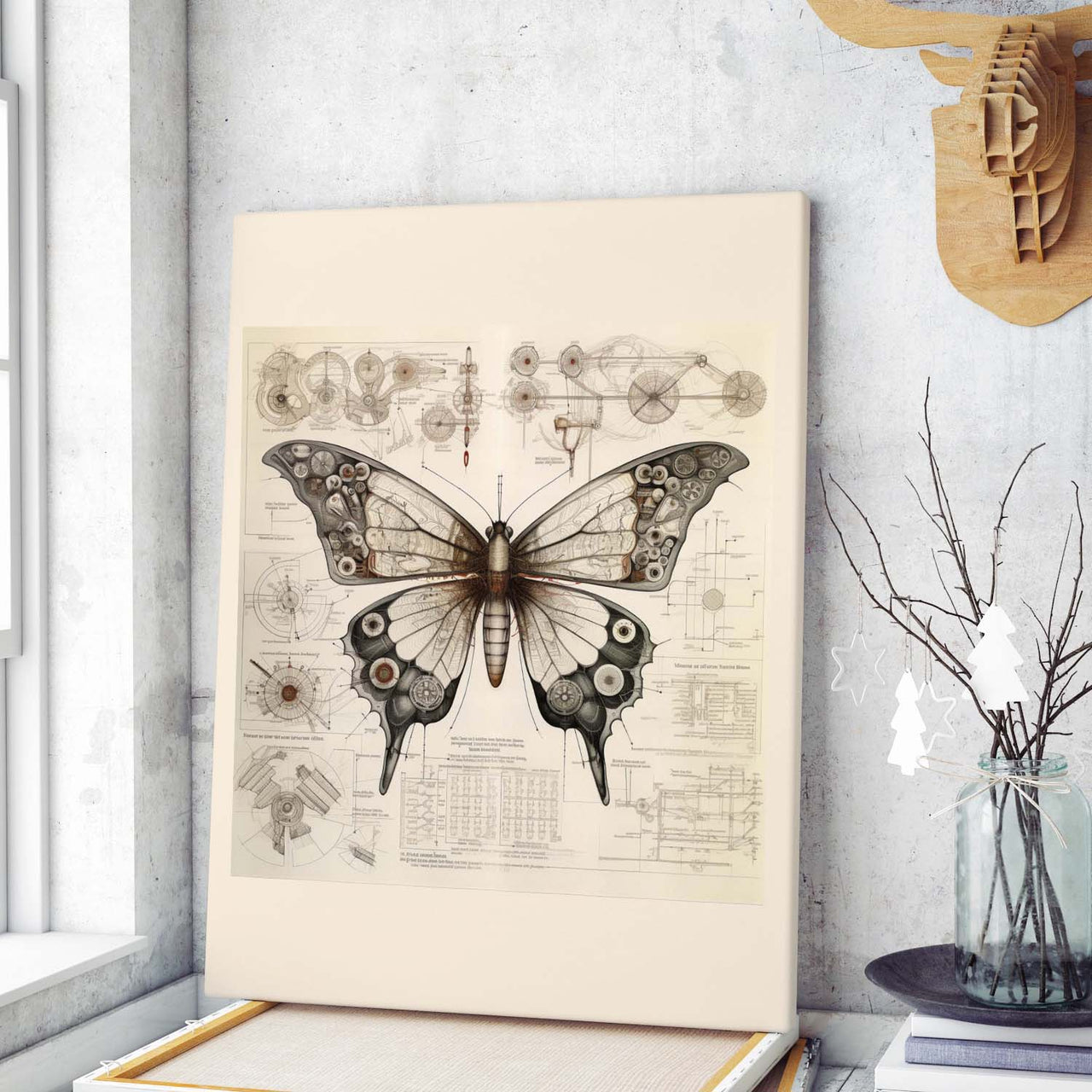 Drawings Butterfly 02 Da Vinci Style Vintage Framed Canvas Prints Wall Art Hanging Home Decor