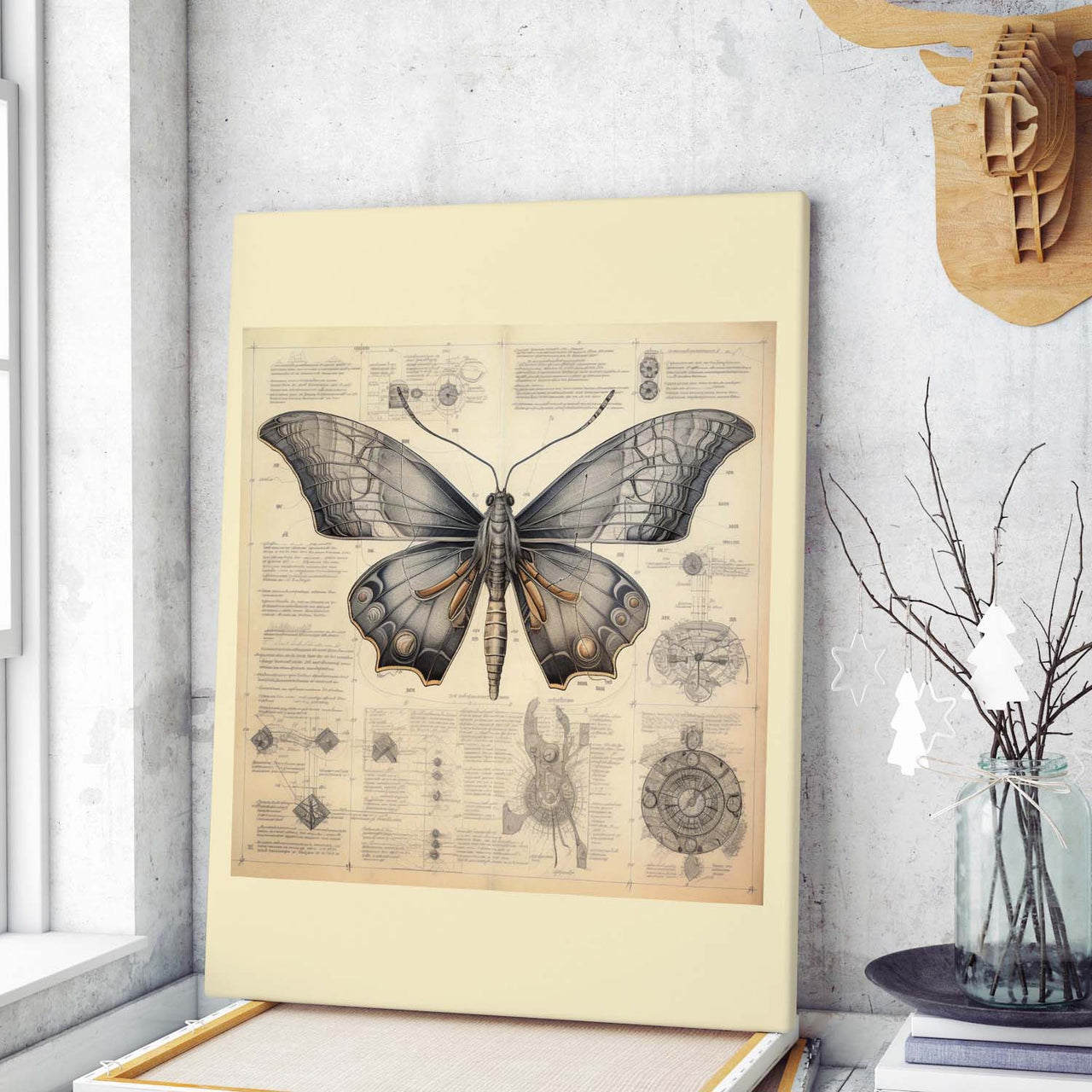 Drawings Butterfly Da Vinci Style Vintage Framed Canvas Prints Wall Art Hanging Home Decor