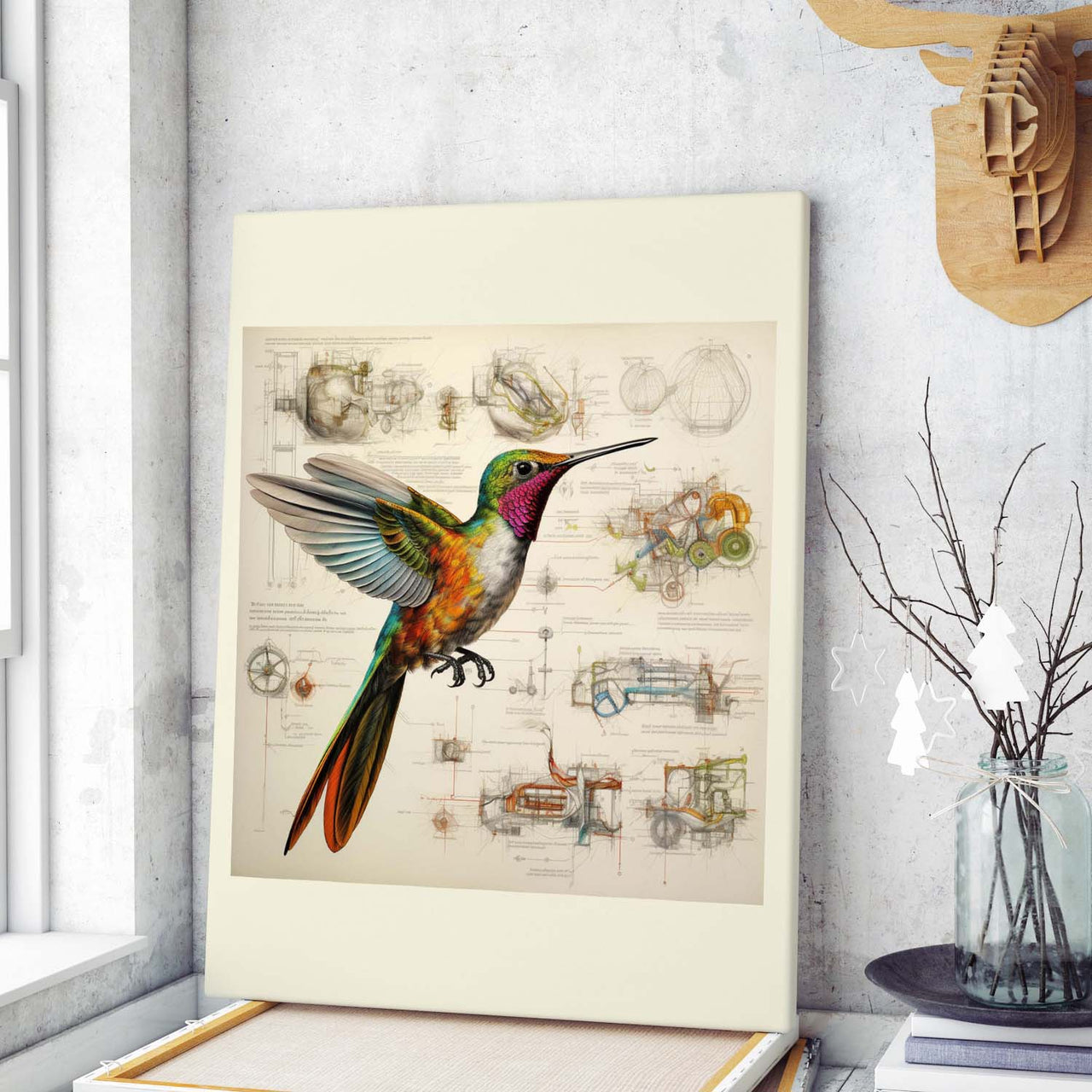 Drawings Hummingbirds 04 Da Vinci Style Vintage Framed Canvas Prints Wall Art Hanging Home Decor