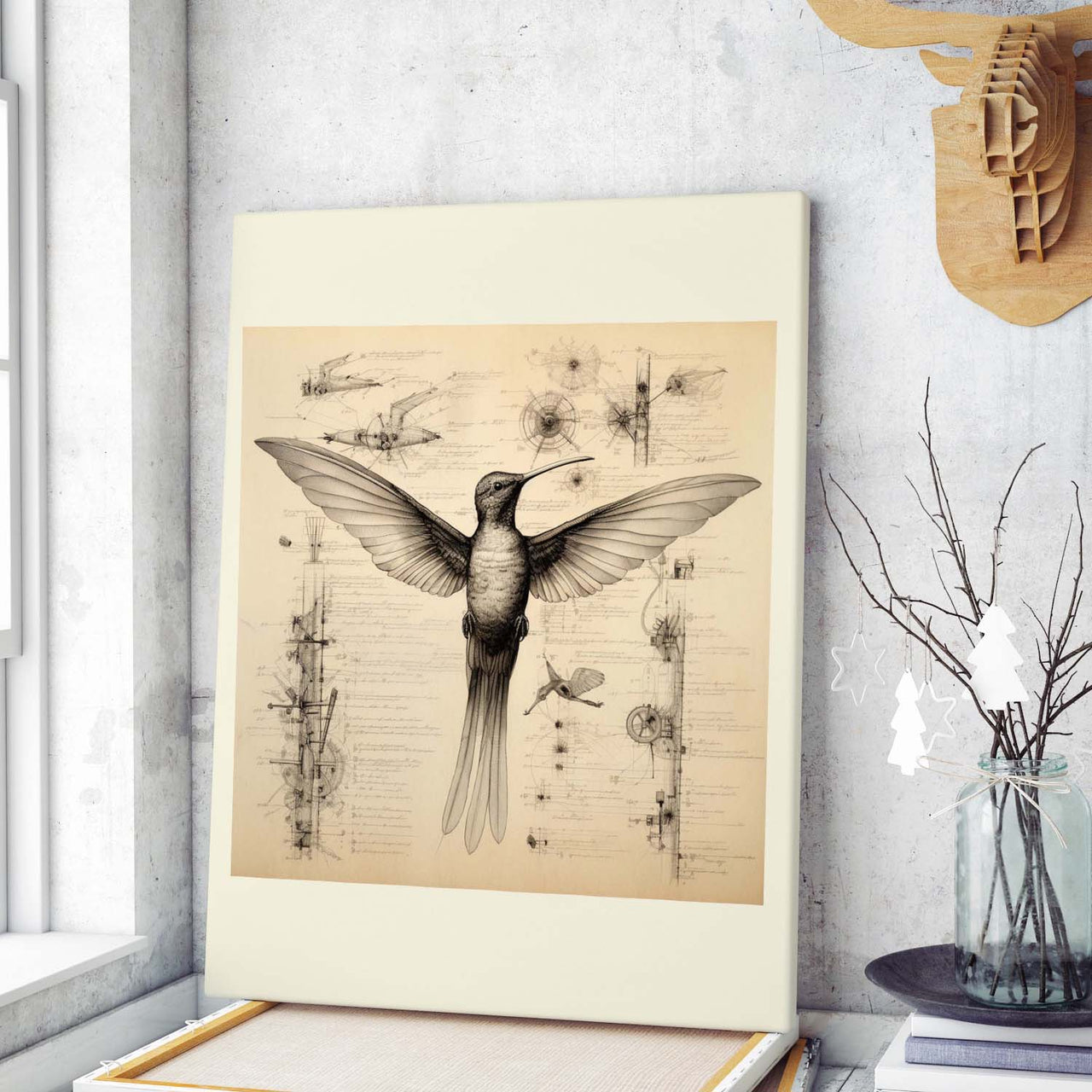 Drawings Hummingbirds 06 Da Vinci Style Vintage Framed Canvas Prints Wall Art Hanging Home Decor