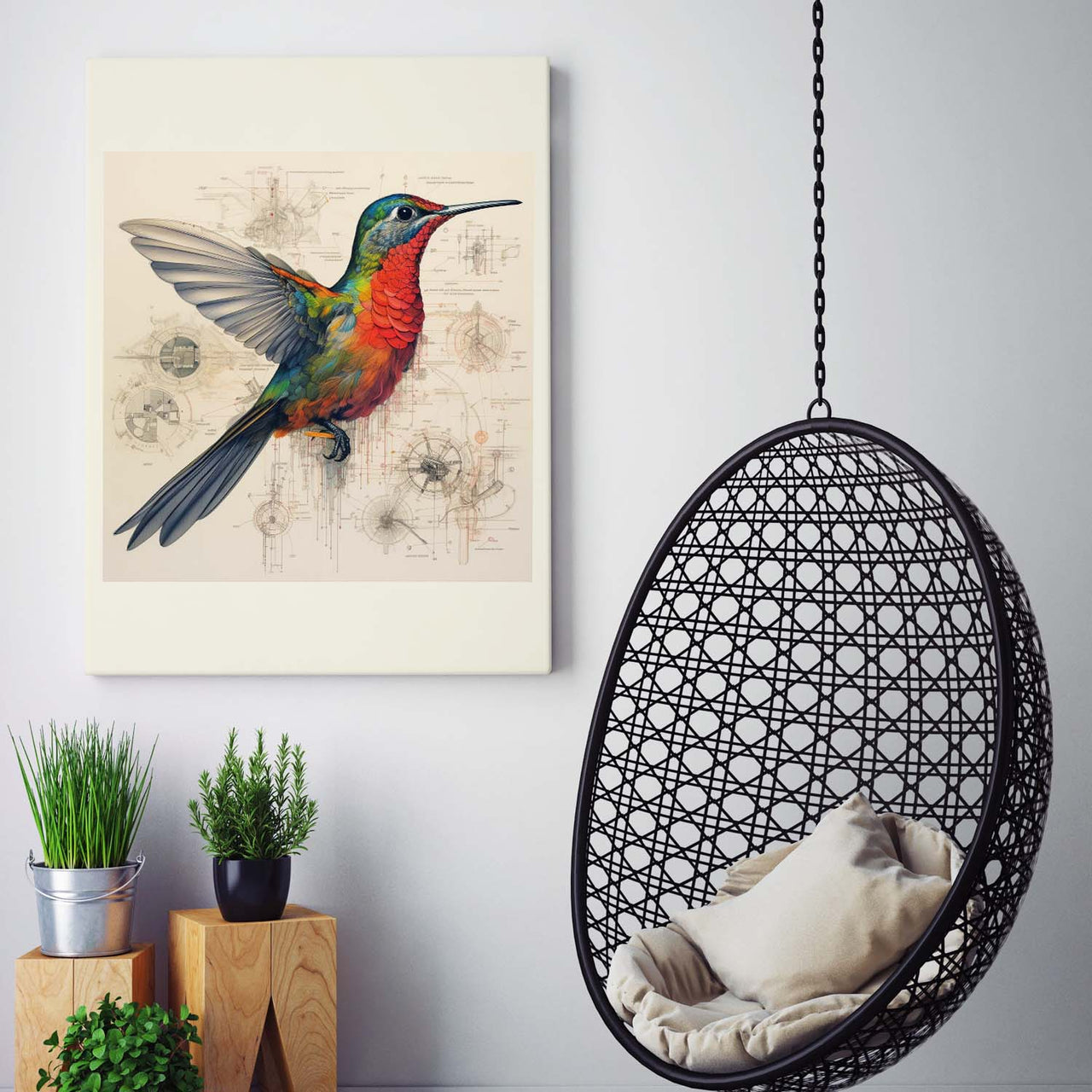 Drawings Hummingbirds Red Da Vinci Style Vintage Framed Canvas Prints Wall Art Hanging Home Decor