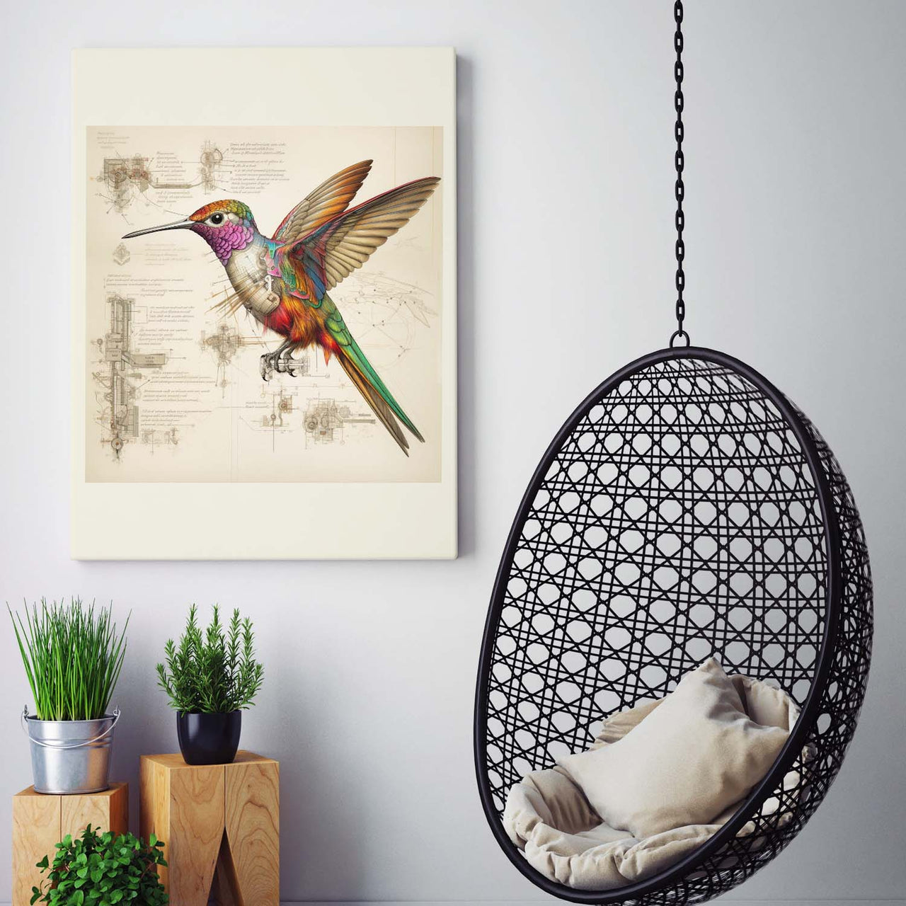 Drawings Hummingbirds Da Vinci Style Vintage Framed Canvas Prints Wall Art Hanging Home Decor