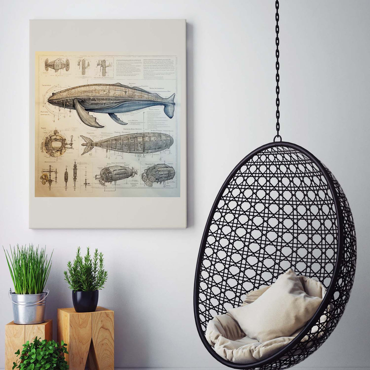 Drawings Whale 02 Da Vinci Style Vintage Framed Canvas Prints Wall Art Hanging Home Decor