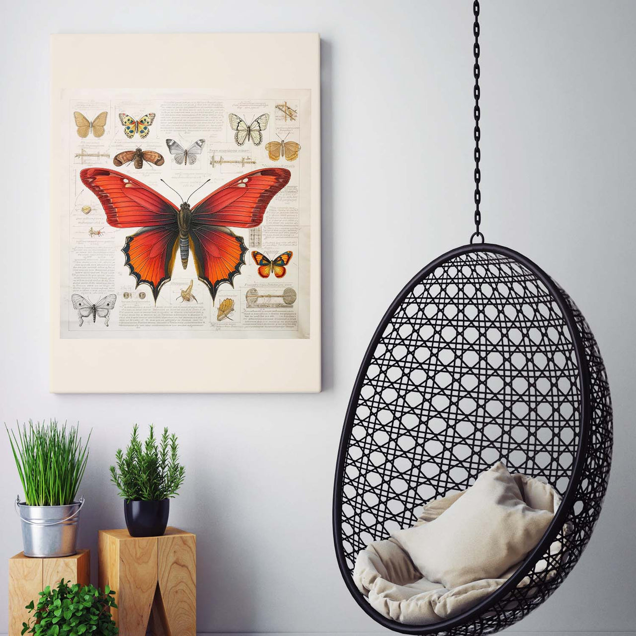 Drawings Butterfly Red Da Vinci Style Vintage Framed Canvas Prints Wall Art Hanging Home Decor