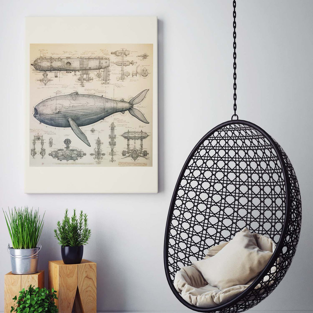 Drawings Whale Da Vinci Style Vintage Framed Canvas Prints Wall Art Hanging Home Decor