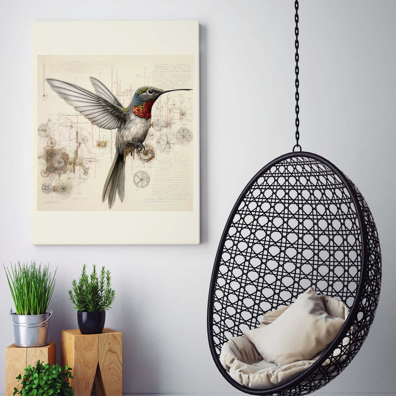 Drawings Hummingbirds 02 Da Vinci Style Vintage Framed Canvas Prints Wall Art Hanging Home Decor