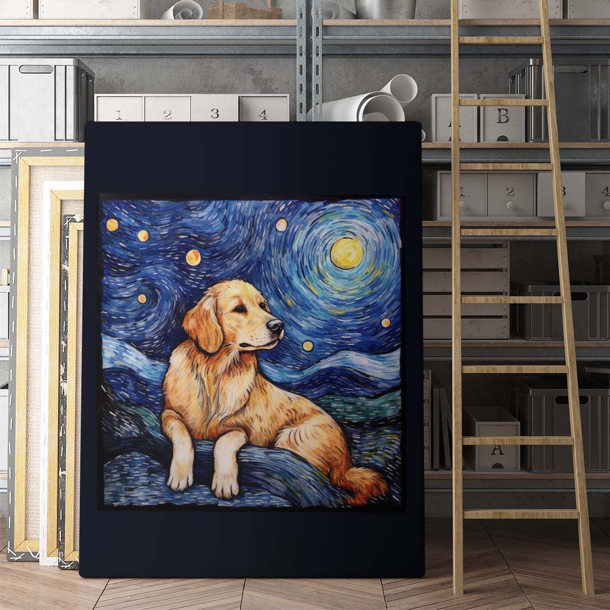 Drawings Golden Retriever Dog Van Goh Style Vintage Framed Canvas Prints Wall Art Hanging Home Decor