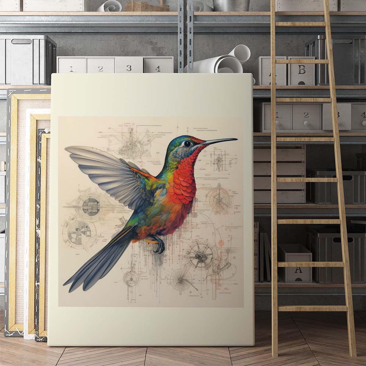 Drawings Hummingbirds Red Da Vinci Style Vintage Framed Canvas Prints Wall Art Hanging Home Decor