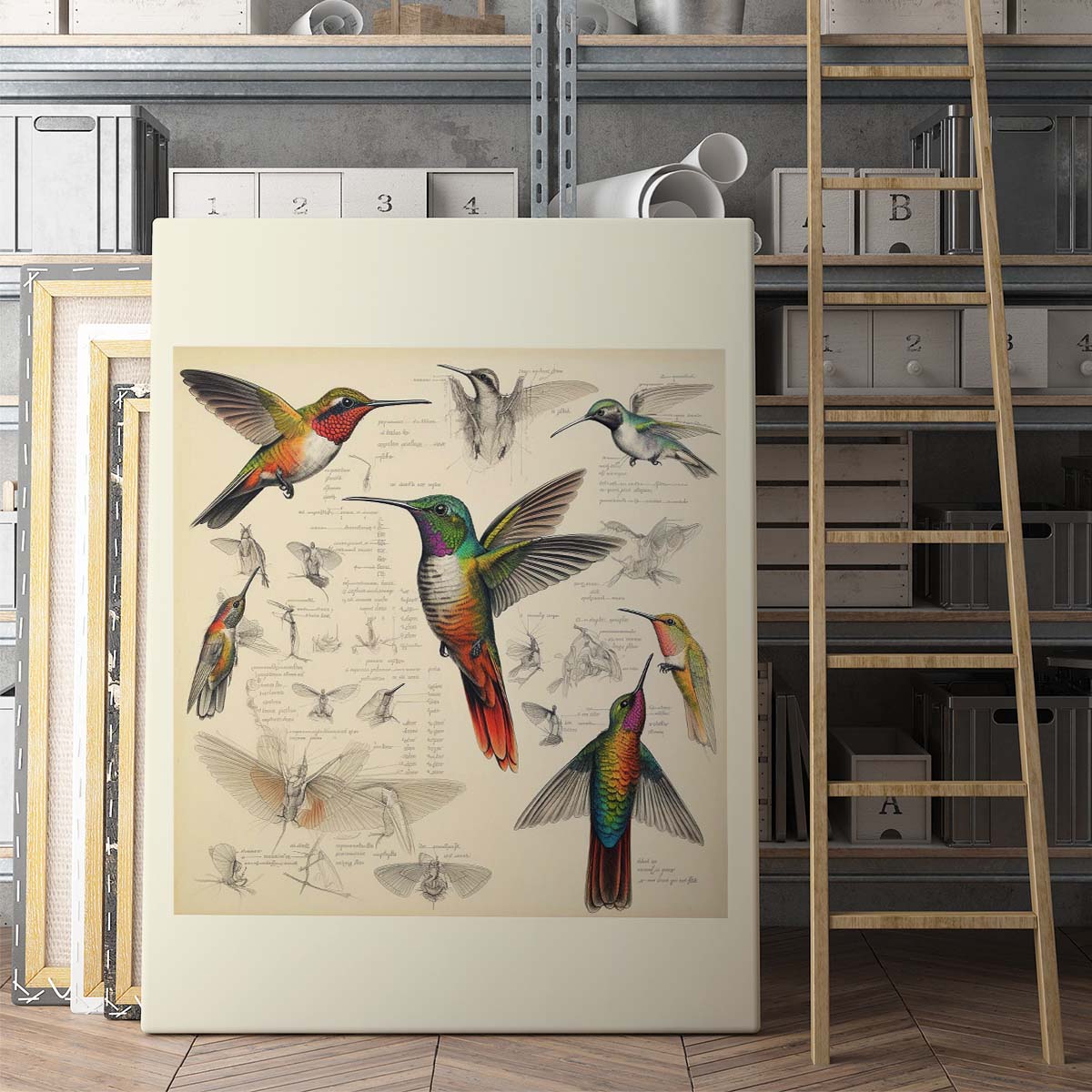 Drawings Hummingbirds 08 Da Vinci Style Vintage Framed Canvas Prints Wall Art Hanging Home Decor