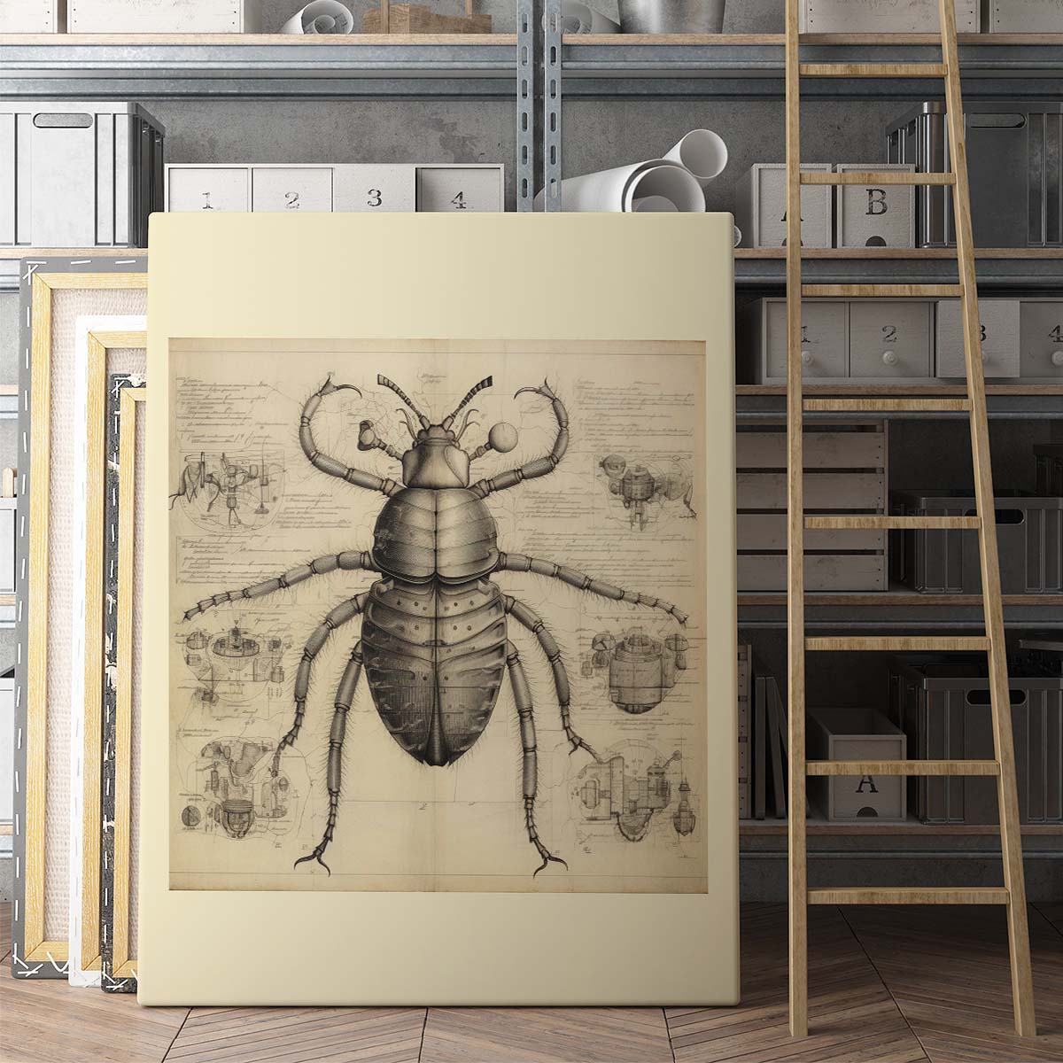 Drawings Beetle 03 Da Vinci Style Vintage Framed Canvas Prints Wall Art Hanging Home Decor