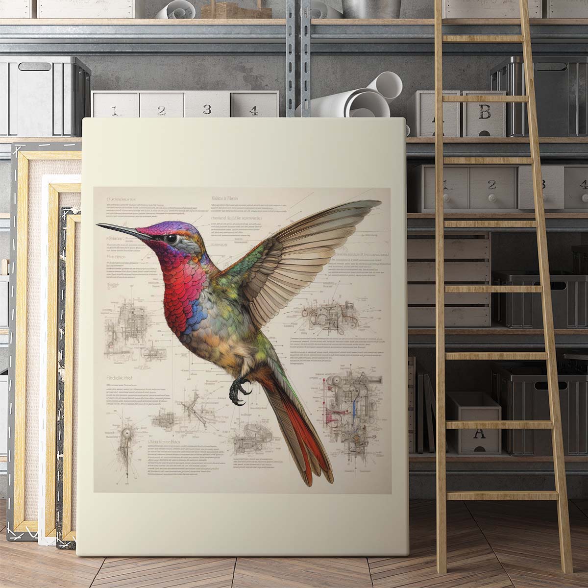 Drawings Hummingbirds 07 Da Vinci Style Vintage Framed Canvas Prints Wall Art Hanging Home Decor