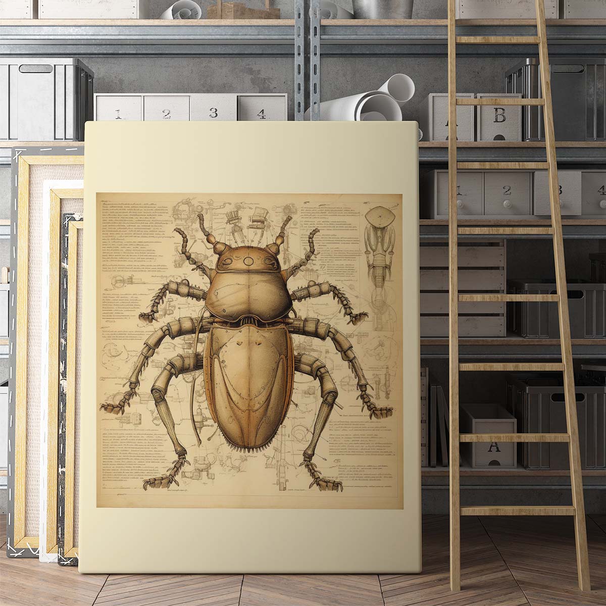 Drawings Beetle 02 Da Vinci Style Vintage Framed Canvas Prints Wall Art Hanging Home Decor