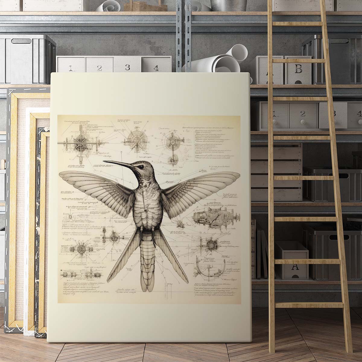 Drawings Hummingbirds 05 Da Vinci Style Vintage Framed Canvas Prints Wall Art Hanging Home Decor
