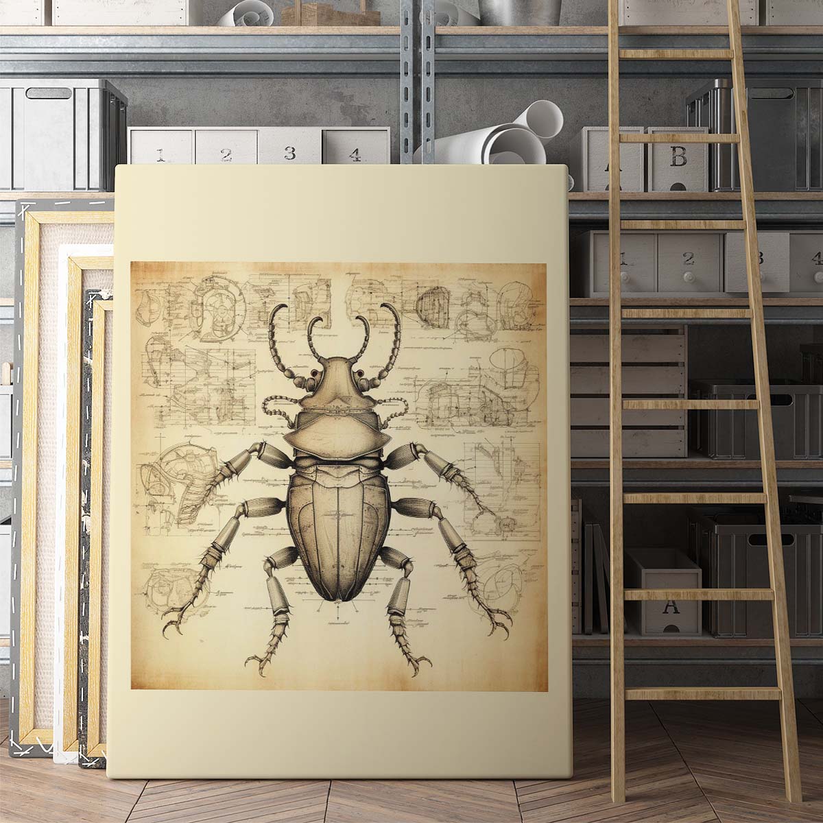 Drawings Beetle Da Vinci Style Vintage Framed Canvas Prints Wall Art Hanging Home Decor