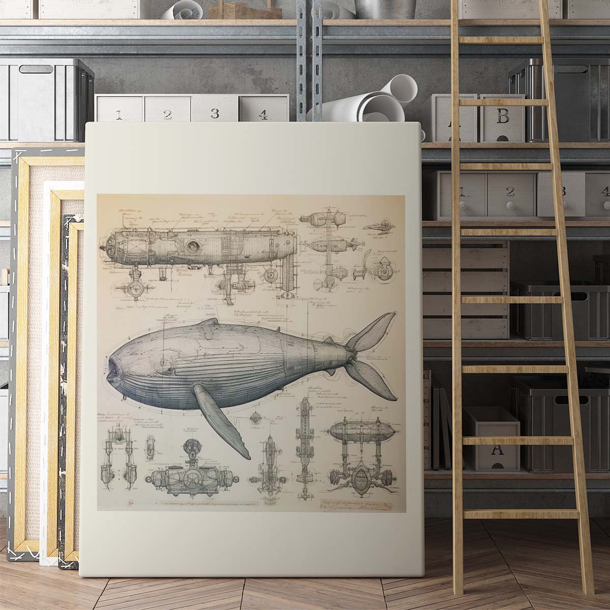 Drawings Whale Da Vinci Style Vintage Framed Canvas Prints Wall Art Hanging Home Decor