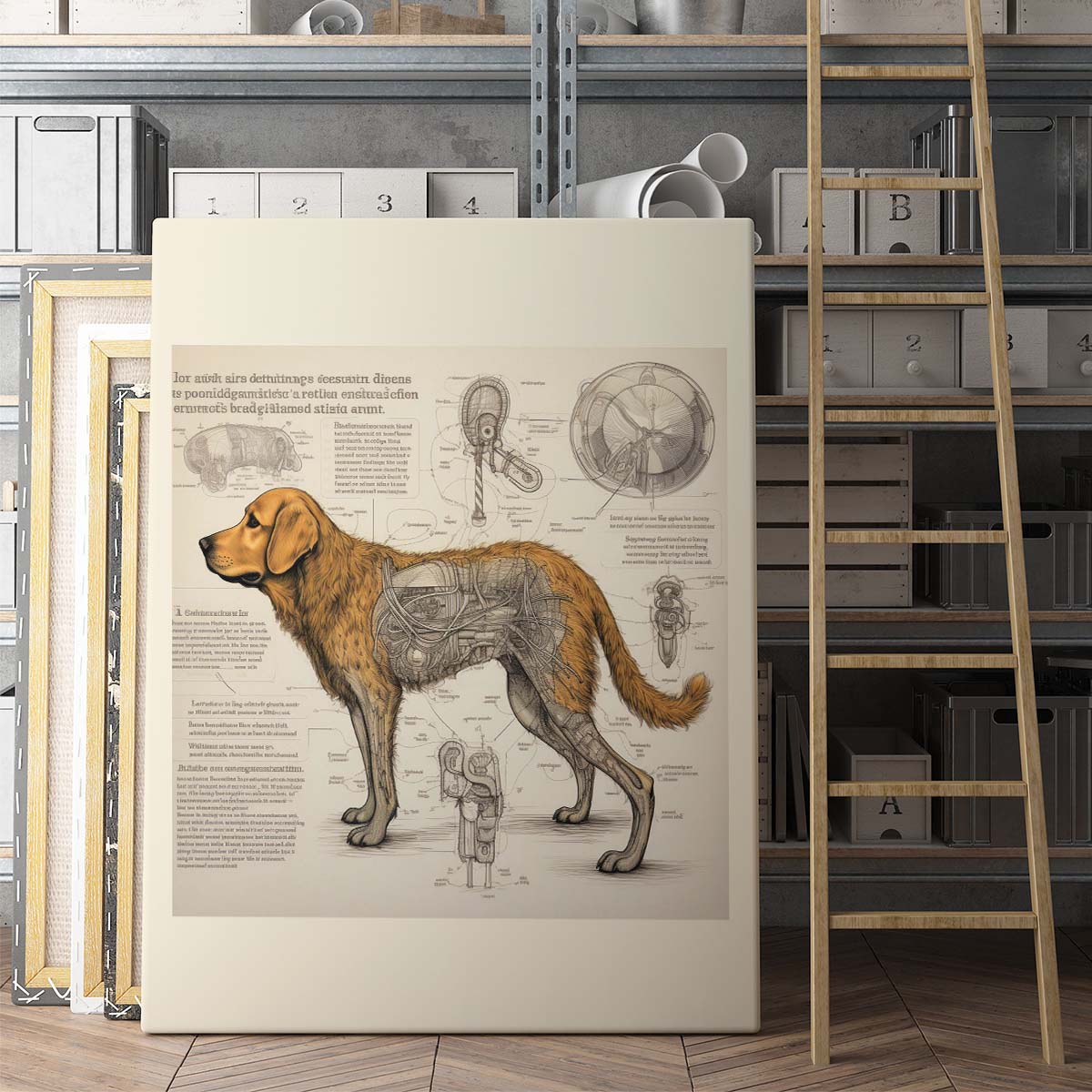 Drawings Golden Retriever 04 Dog Da Vinci Style Vintage Framed Canvas Prints Wall Art Hanging Home Decor
