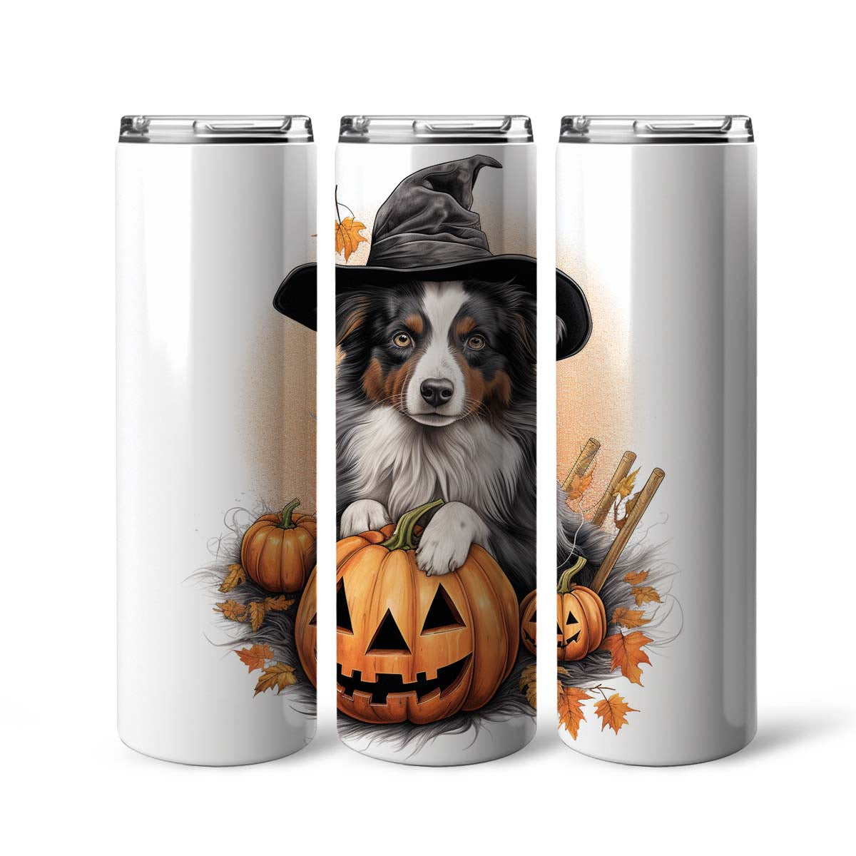 Happy Halloween Australian Shepherd With Pumpkin 20oz Skinny Tumbler, Australian Shepherd Tumbler, Pets Dog Lover, Dog Mom Dog Dad, Vibrant Tumbler, Trending Tumbler