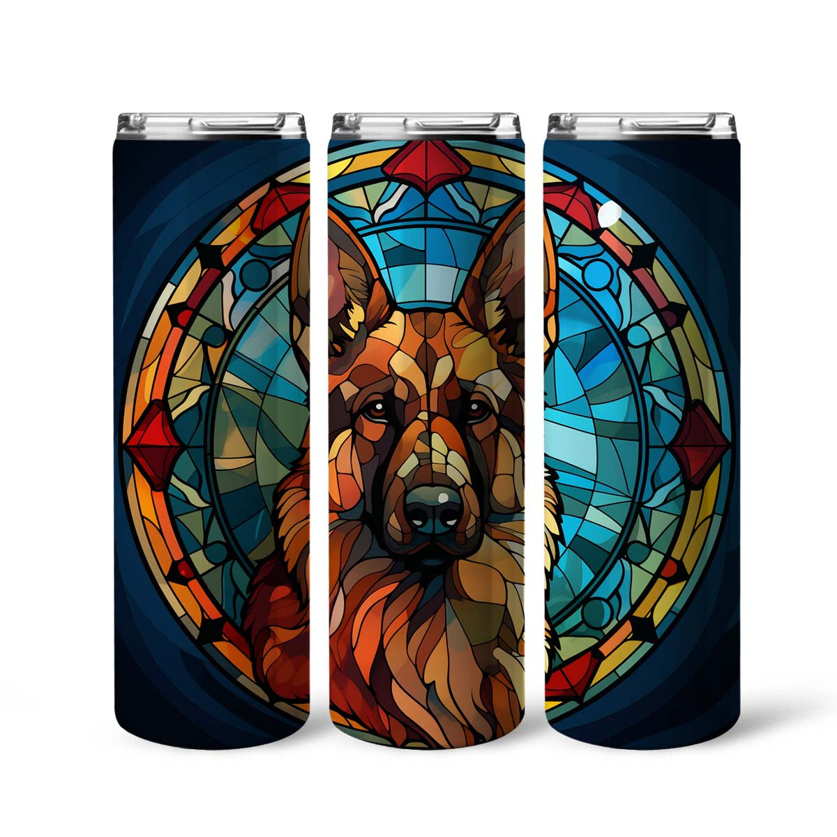 German Shepherd In Stained Glass 20oz Skinny Tumbler, German Shepherd Tumbler, Pets Dog Lover, Dog Mom Dog Dad, Vibrant Tumbler, Trending Tumbler