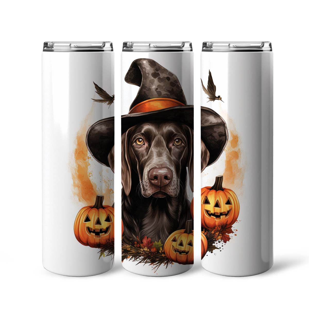 Halloween German Shorthaired Pointer Sitting In Hall 20oz Skinny Tumbler, German Shorthaired Pointer Tumbler, Pets Dog Lover, Dog Mom Dog Dad, Vibrant Tumbler, Trending Tumbler