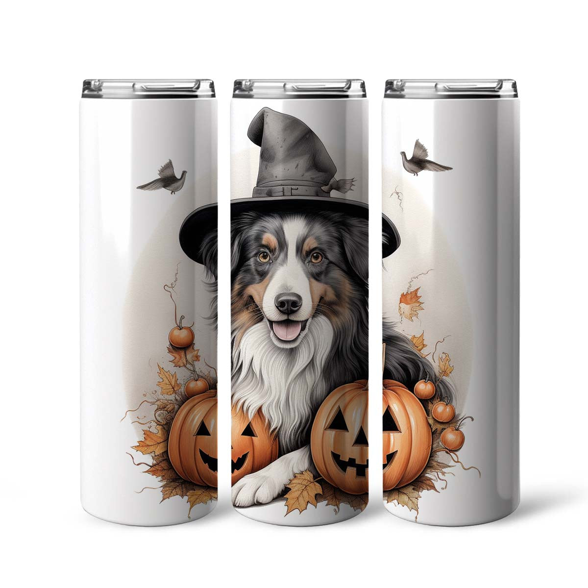 Happy Halloween Australian Shepherd With Pumpkin 20oz Skinny Tumbler, Australian Shepherd Tumbler, Pets Dog Lover, Dog Mom Dog Dad, Vibrant Tumbler, Trending Tumbler