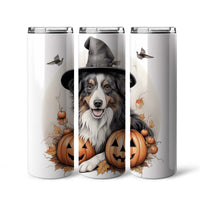 Thumbnail for Happy Halloween Australian Shepherd With Pumpkin 20oz Skinny Tumbler, Australian Shepherd Tumbler, Pets Dog Lover, Dog Mom Dog Dad, Vibrant Tumbler, Trending Tumbler